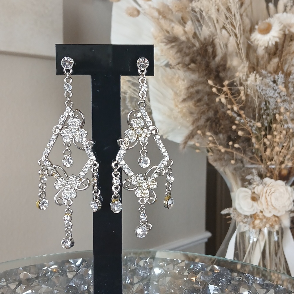 New Chandelier Silver Floral Crystals Large Formal Earrings Women's Jewelry